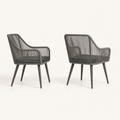 Side | two gray open-back wicker dining armchairs showing open backs, side rails, and tapered legs on clean studio ground