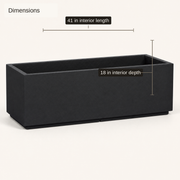 Interior dimensions | 41 inch interior length and 18 inch interior depth of the empty charcoal-black trough planter