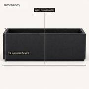 Dimensions | 46 inch overall width and 19 inch overall height of the empty charcoal-black trough planter