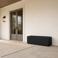 Scale view | empty matte charcoal-black composite trough planter beside a full-height patio doorway
