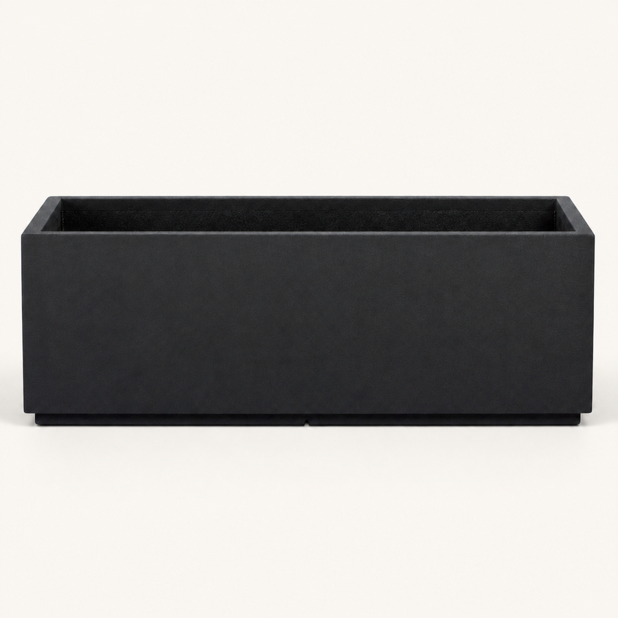 Studio front | empty matte charcoal-black rectangular composite trough planter with a narrow rim and recessed plinth