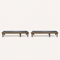 Studio front | two flat charcoal mesh chaise lounges with gray-washed acacia frames