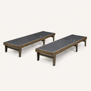 Studio angle | both flat chaise lounges with mesh decks and square wood legs