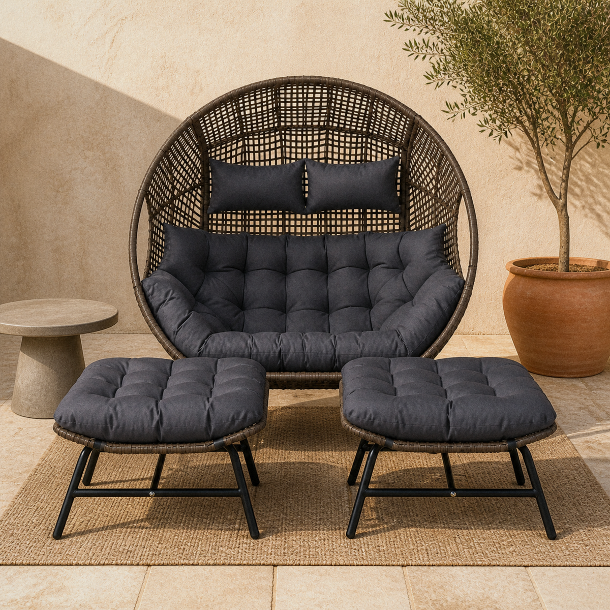 Patio hero | Complete dark-brown woven double egg chair set with two charcoal-cushioned ottomans on a warm plaster patio