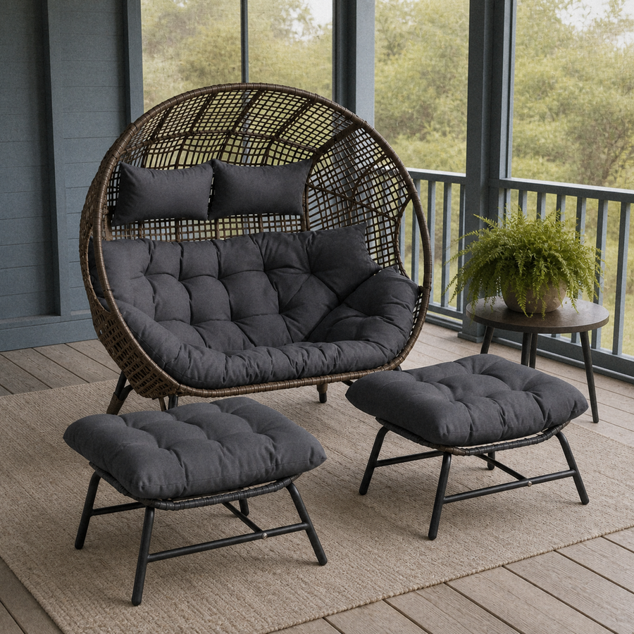 Screened porch | Complete woven egg chair set with two ottomans on a blue-gray coastal porch