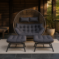 Cedar pavilion | Complete woven chair and two ottomans in a dark cedar garden pavilion