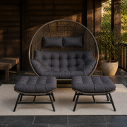 Cedar pavilion | Complete woven chair and two ottomans in a dark cedar garden pavilion