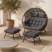 Complete set | Three-quarter patio view of the double egg chair and both matching ottomans
