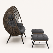 Studio side | Side profile showing the deep open rattan basket, rear lattice, and two ottomans