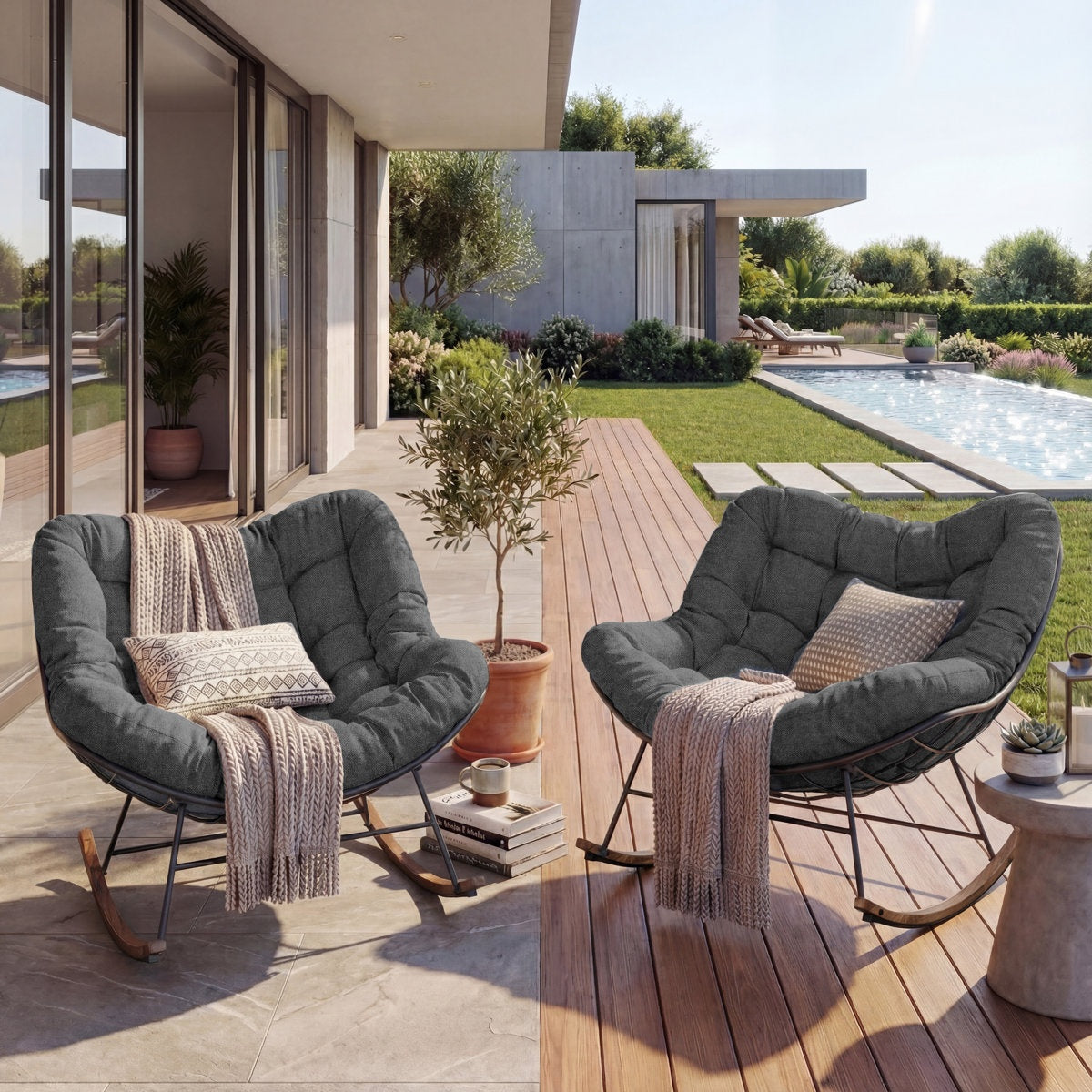 Rocking Chairs, Set of 2, Powder-Coated Steel, Dark Gray Cushions, Black Frame