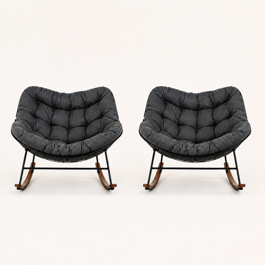 Front | front studio view of the matching pair of dark gray cushioned rocking chairs