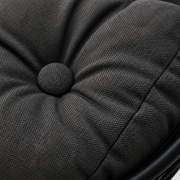Texture | close-up of the dark gray polyester cushion weave, tuft button and stitched seam