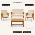 Dimensions | key dimensions diagram over the complete set: seat height, cushion thickness, and coffee table measurements