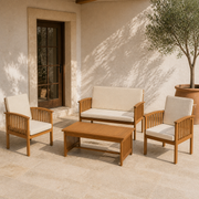Scale | four-piece acacia set beside an uncropped porch doorway for scale