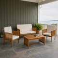 In a room | covered sage porch view of the full acacia loveseat, two chairs, and coffee table