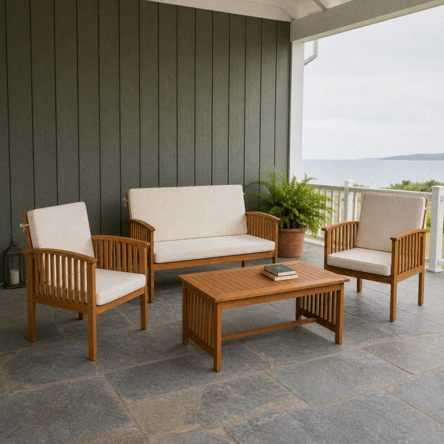 In a room | covered sage porch view of the full acacia loveseat, two chairs, and coffee table
