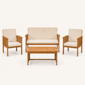 Front | clean studio front view of the complete four-piece acacia conversation set with cream cushions