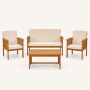 Front | clean studio front view of the complete four-piece acacia conversation set with cream cushions