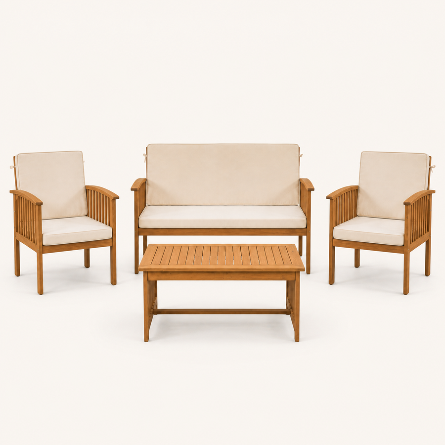 Front | clean studio front view of the complete four-piece acacia conversation set with cream cushions