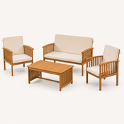 Studio | studio three-quarter view showing the slatted arms, chair side panels, loveseat, and coffee table