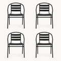 Front | four black stacking patio armchairs shown from the front on a clean studio background