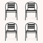 Front | four black stacking patio armchairs shown from the front on a clean studio background