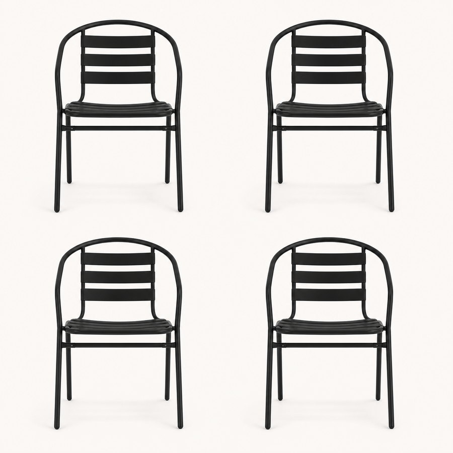 Front | four black stacking patio armchairs shown from the front on a clean studio background