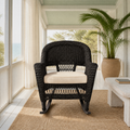Screened veranda | espresso resin-wicker rocking chair with pale tan seat cushion and potted palm