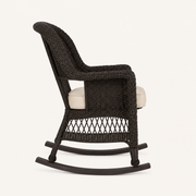Studio side | profile of espresso resin-wicker rocking chair with curved rocker runners