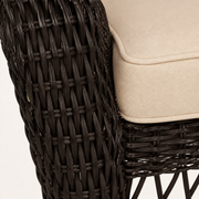 Wicker texture | close view of dark resin-wicker weave and pale tan cushion piping