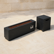 Complete set | Fire table and square tank cover from a low three-quarter patio view