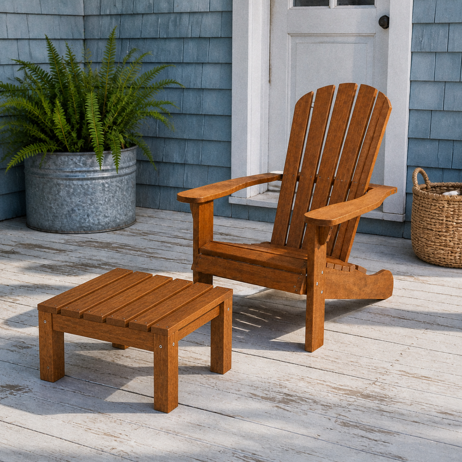 Coastal porch | brown eucalyptus Adirondack chair with its level separate matching slatted ottoman