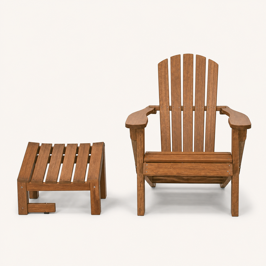 Front studio | brown eucalyptus Adirondack chair and separate matching slatted ottoman on a warm-white ground