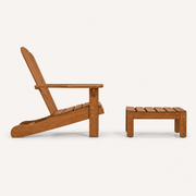 Studio side | brown eucalyptus Adirondack chair and separate matching slatted ottoman in side profile