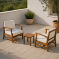 Room | Complete two-chair acacia conversation set and slatted side table from a higher terrace angle