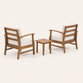 Side | Rear three-quarter view of two acacia club chairs and the side table, showing back rails and table legs