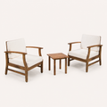 Angle | Three-piece acacia conversation set at a true three-quarter angle, with chair profiles and slatted table top visible