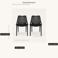 Seat dimensions | Two Black stacking chairs with seat height, width, and depth callouts
