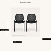 Seat dimensions | Two Black stacking chairs with seat height, width, and depth callouts