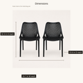 Dimensions | Two Black stacking chairs with overall height, width, and depth callouts for each chair