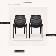 Dimensions | Two Black stacking chairs with overall height, width, and depth callouts for each chair