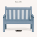 Dimensions | front view of blue garden bench marking the 43.7 inch seat width