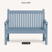 Dimensions | front view of blue garden bench marking the 43.7 inch seat width
