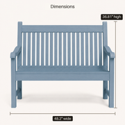 Dimensions | front view of blue garden bench with 48.2 inch width and 36.81 inch height