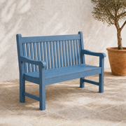 In a room | blue slatted poly lumber garden bench from the terrace left side