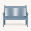 Front | blue poly lumber garden bench with a slatted back, shaped arms, and square legs