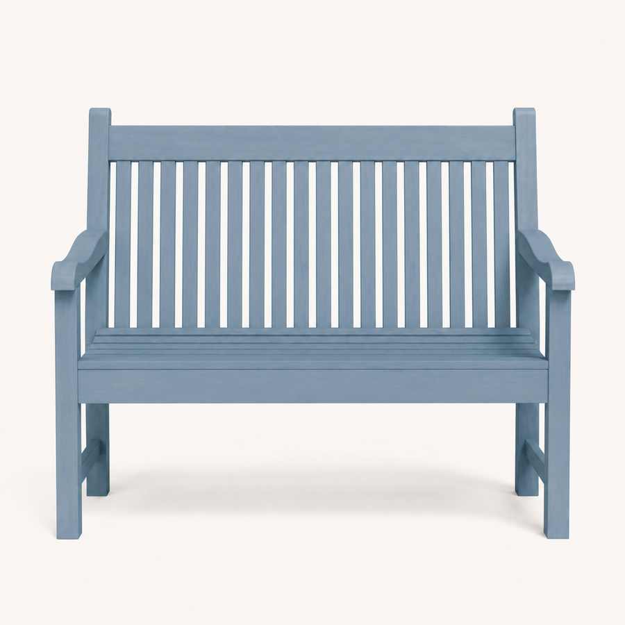 Front | blue poly lumber garden bench with a slatted back, shaped arms, and square legs
