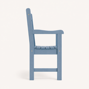 Side | blue garden bench in left profile with the side stretcher and shaped arm