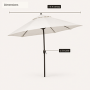 Dimensions | angled studio umbrella with 7.5 ft canopy and 1.5 in pole callout labels