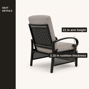 Details | rear-side studio view labelled 21 inch arm height and 3.15 inch cushion thickness